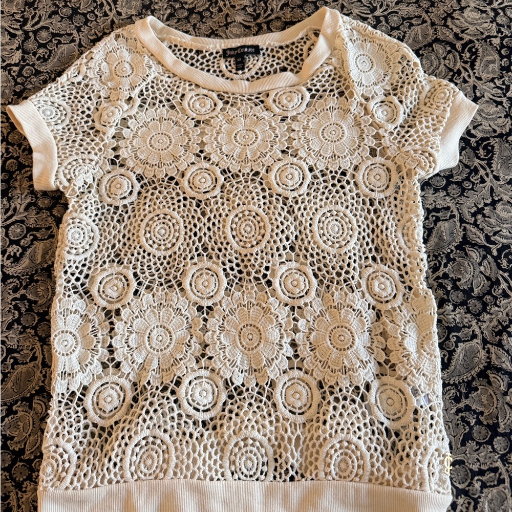 Juicy Couture White Lace Short Sleeve Top